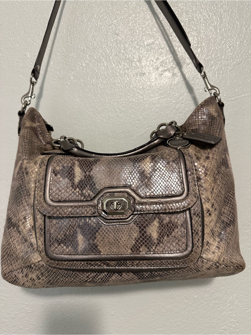 Coach Campbell Snakeskin Embossed Leather Larger Satchel with Top Handles - Picture 4 of 16